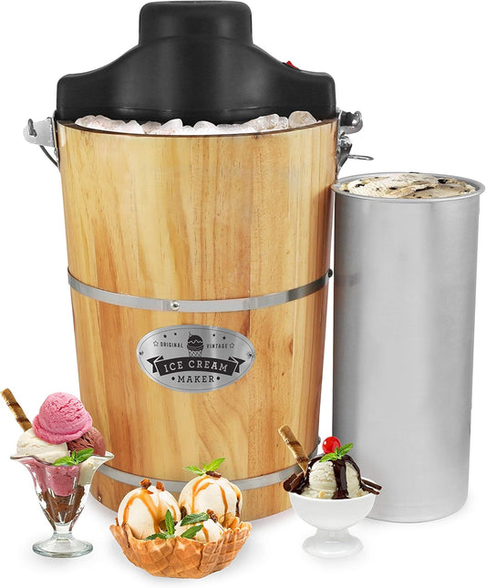 Elite Gourmet EIM916 IJsmachine, traditioneel, elektrisch, vintage emmer van appalachenhout, klassieke gegoten handslinger als bonus, gebruikt steenzout, roert ijs in enkele minuten, grenen, 6,82 l