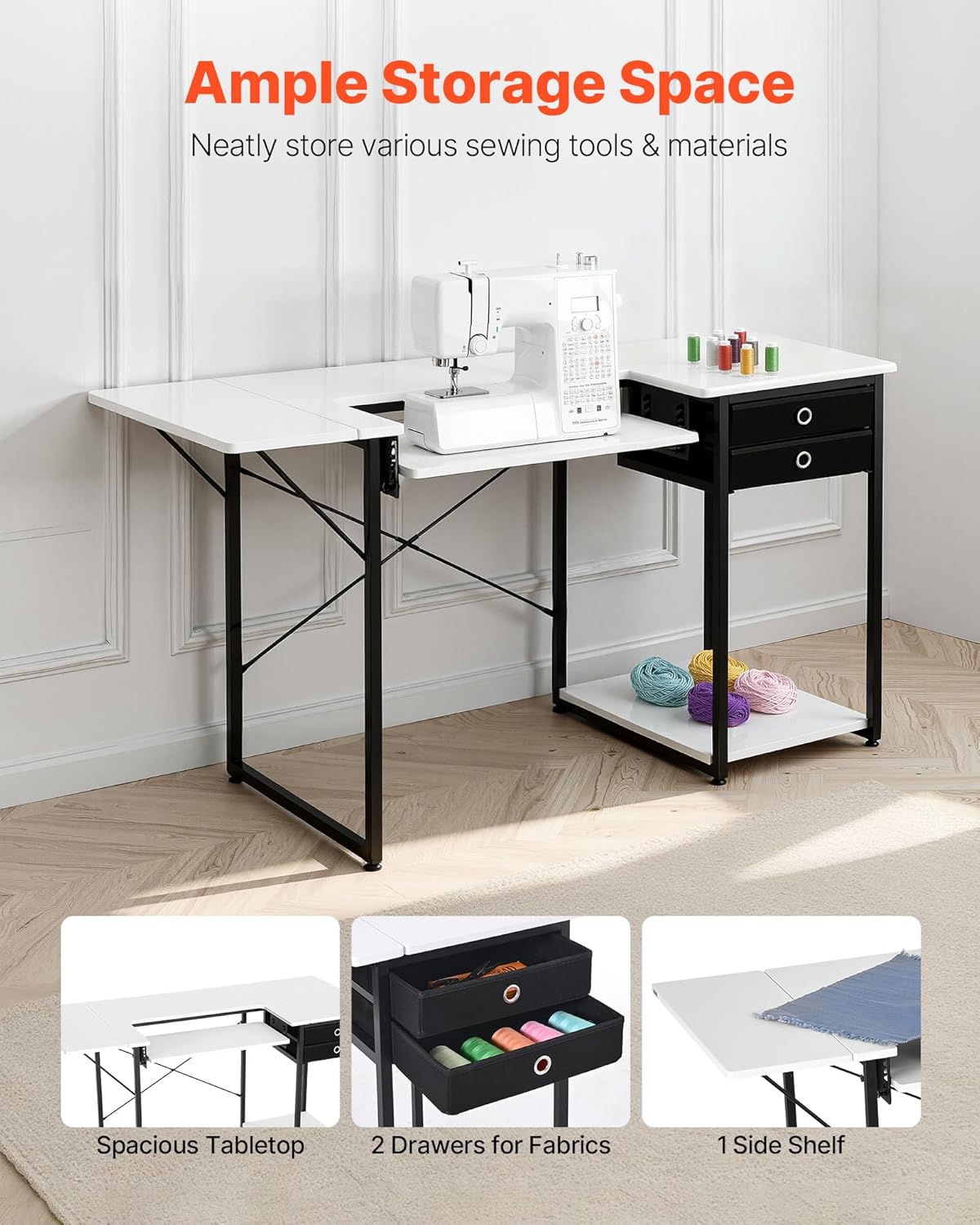 VEVOR Naaitafel, multifunctionele naaimachinetafel met opvouwbare zijplank, verstelbare plank, stalen poten, computerbureau voor thuis, modestudio, kunststudio, onderwijsinstelling, wit