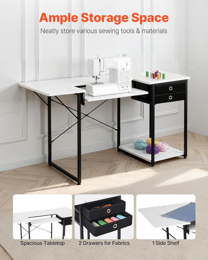VEVOR Naaitafel, multifunctionele naaimachinetafel met opvouwbare zijplank, verstelbare plank, stalen poten, computerbureau voor thuis, modestudio, kunststudio, onderwijsinstelling, wit