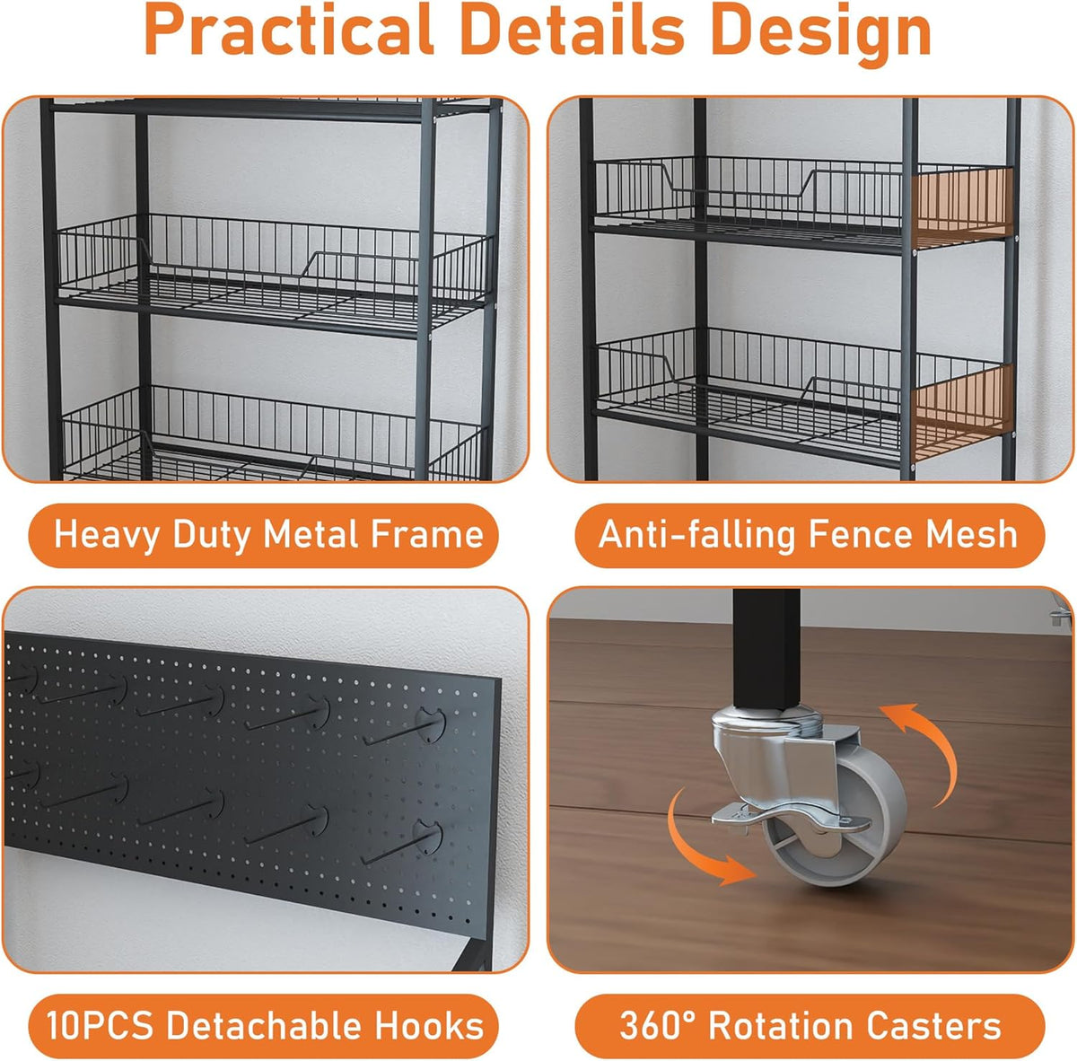 5-Laags Displayrek Op Wielen – Opbergrek – Winkelrek – Presentatierek – Snackrek – 60 X 27 X 170 Cm – Metalen Frame Met 10 Afneembare Haken