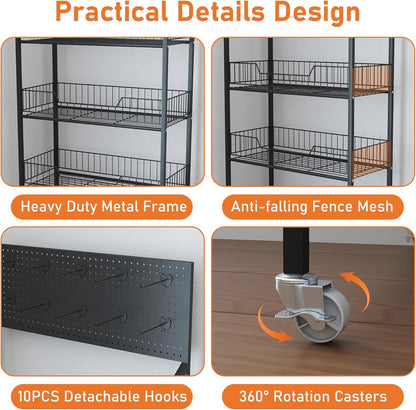 5-Laags Displayrek Op Wielen – Opbergrek – Winkelrek – Presentatierek – Snackrek – 60 X 27 X 170 Cm – Metalen Frame Met 10 Afneembare Haken