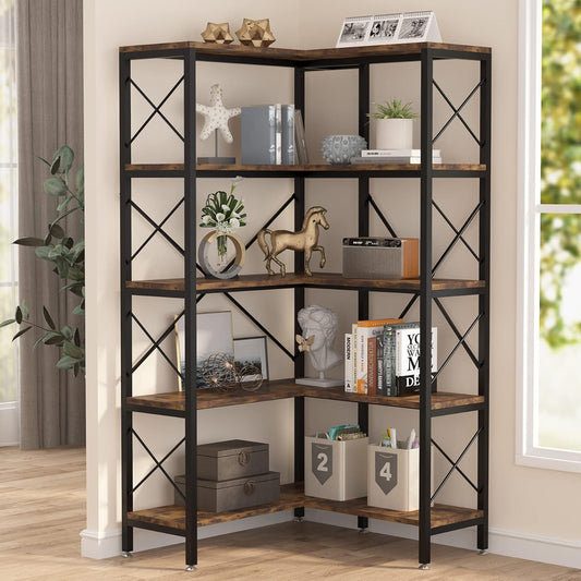 Tribesigns Corner Bookshelf, Large Modern Corner Bookcase, High Corner Shelf Storage Display Rack with Metal Frame for Living Room Home Office (Rustic Brown) (5 Shelves)