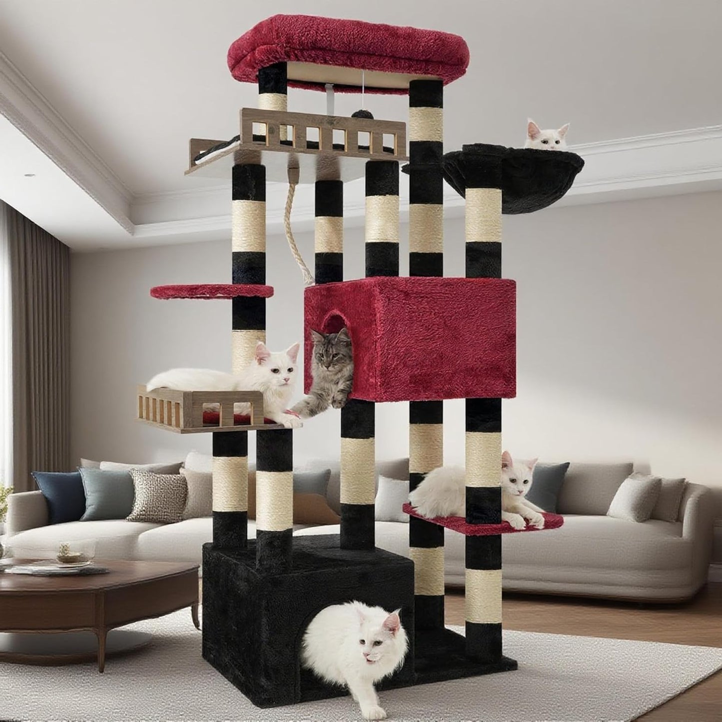 Large Cat Scratching Post for Large Adult Cats, 174 cm Cat Scratching Post with Hammock, 2 Large Sitting Bars, 2 Cat Cavities, 15 Scratching Bars, Black and Red GCT033BR - QUORE