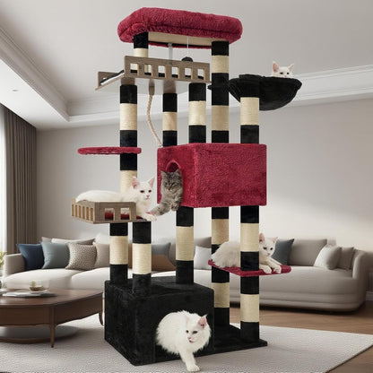 Large Cat Scratching Post for Large Adult Cats, 174 cm Cat Scratching Post with Hammock, 2 Large Sitting Bars, 2 Cat Cavities, 15 Scratching Bars, Black and Red GCT033BR - QUORE