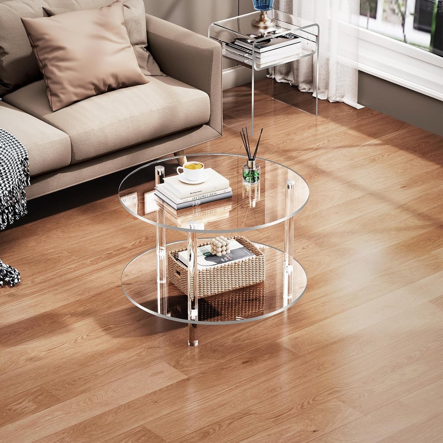 Acryl salontafel voor woonkamer, rond, Lucite tafel met open opbergrek, doorzichtig