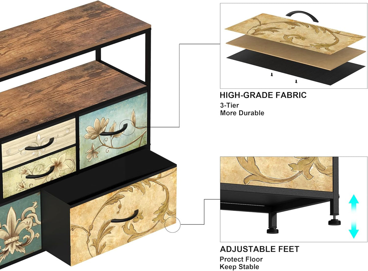 VEDECASA Kommode met 6 stoffen laden, Boheemse kaptafel, TV-standaard voor slaapkamer, dressoir met houten plaat, stoffen laden, metalen frame voor woonkamer, slaapkamer, hal