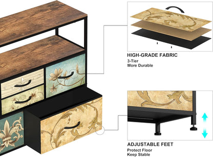 VEDECASA Kommode met 6 stoffen laden, Boheemse kaptafel, TV-standaard voor slaapkamer, dressoir met houten plaat, stoffen laden, metalen frame voor woonkamer, slaapkamer, hal