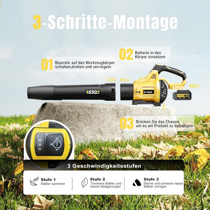 GEVEELIFE Accu-bladblazer, 18 V, 257 km/u, elektrische bladblazer met 3 versnellingen en 2 x 5,2 Ah accu's, draadloze bladblazer voor tuin, bladeren, stof en sneeuw (inclusief batterij), geel
