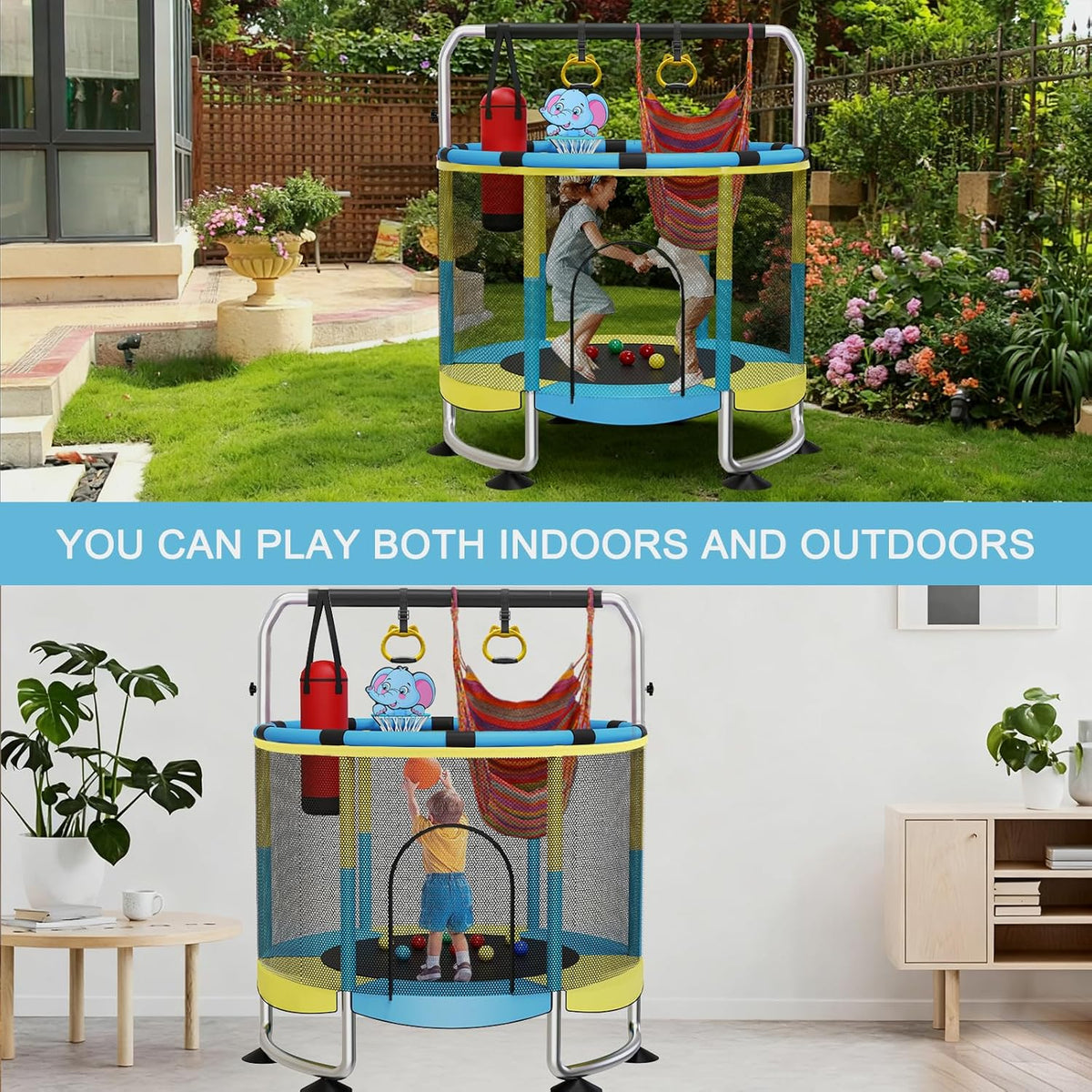 Trampoline voor kinderen, 150 cm, voor binnen en buiten, 200 kg, verstelbaar, met basketbalmand en behuizing, cadeaus voor jongens en meisjes, groen/blauw