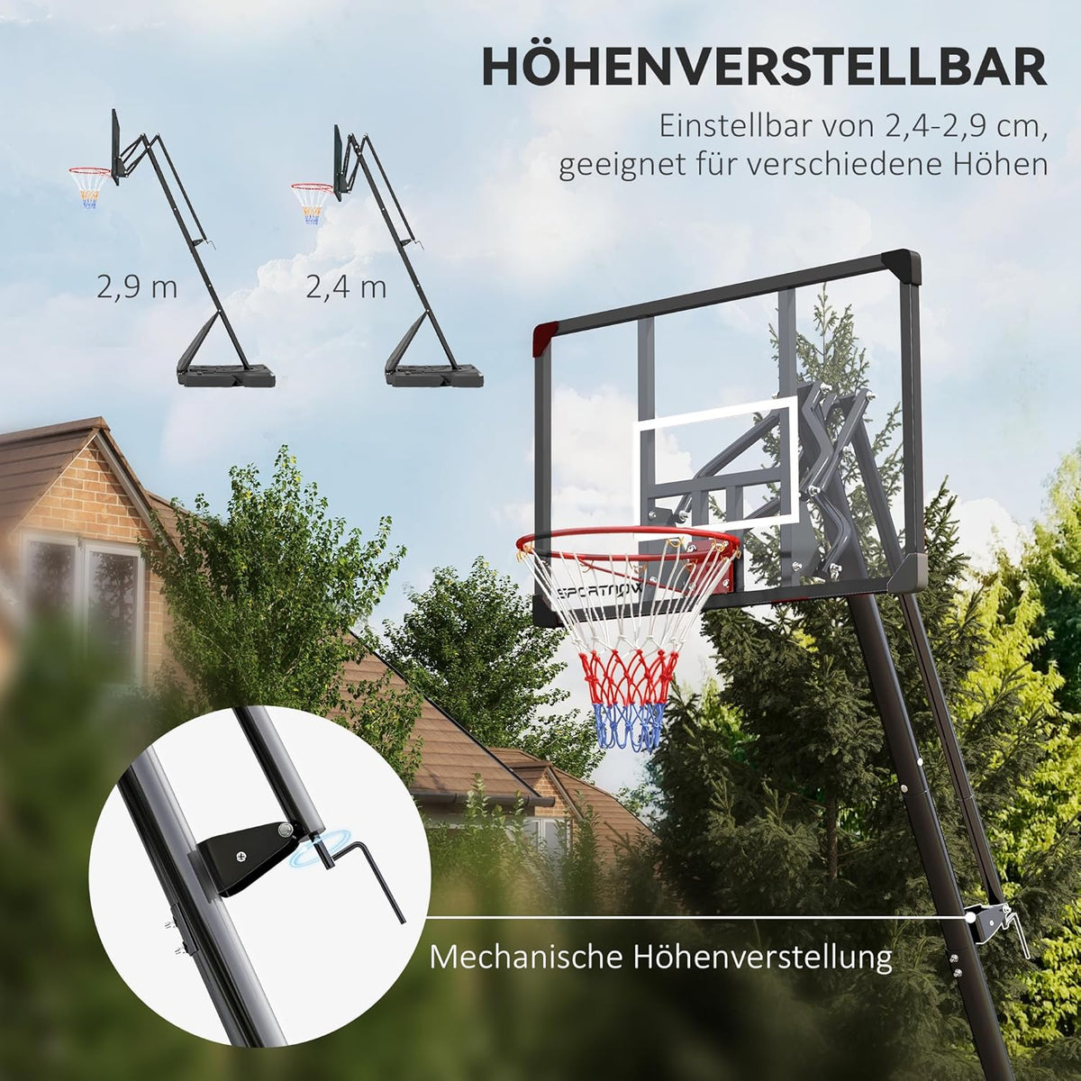Basketbalstandaard – Basketbalring – Basketballoop – Basketbalset – Basketbalrek – Verstelbare Hoogte 293-350 cm – Stalen Frame Met Wielen - QUORE