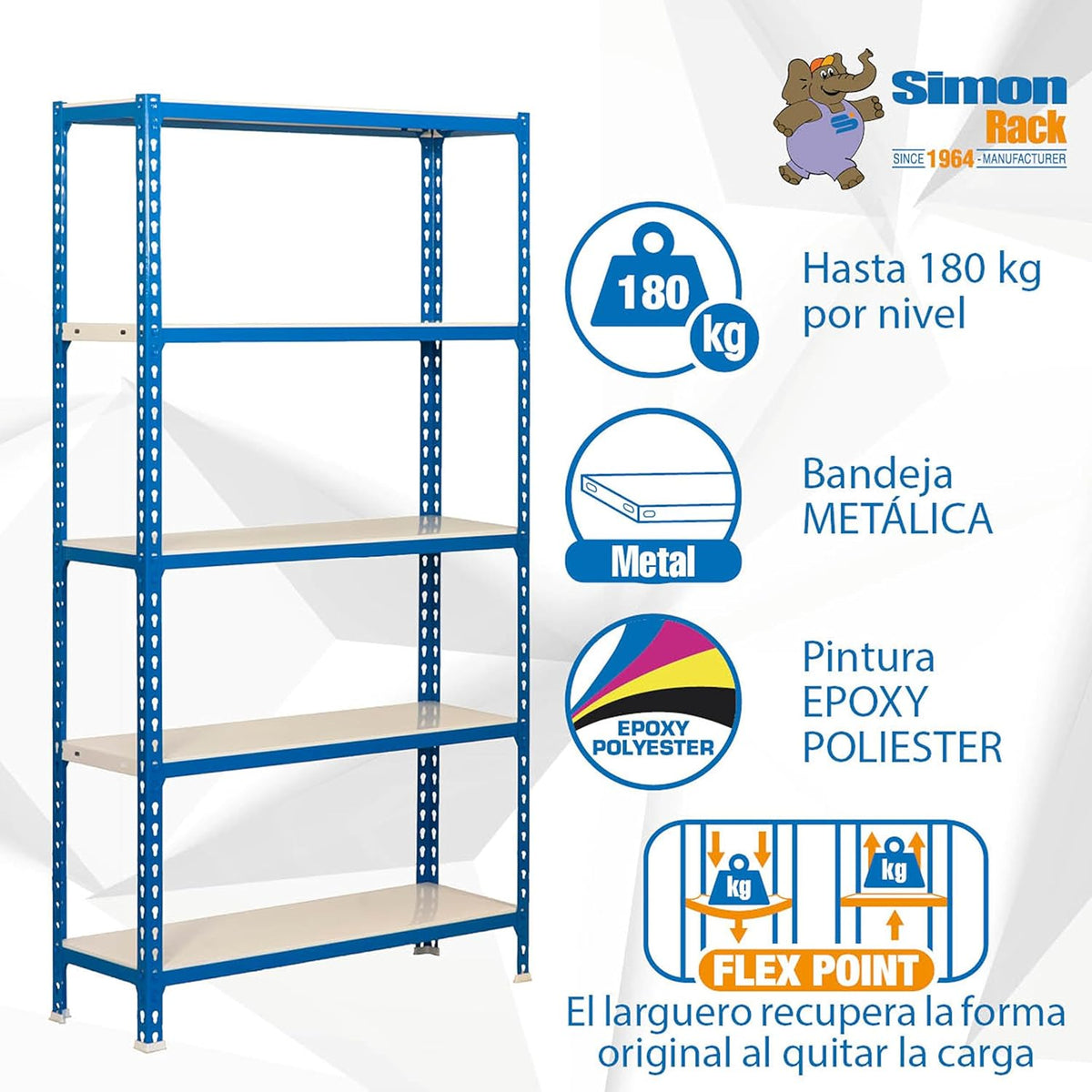 Simon Rack Stellingkast Metaal, 2000x1000x500 mm, Buigpunt 180, 5 Verstelbare Niveaus, Metalen Planken, Robuust Opslagrek voor Garage, Kelder en Werkplaats, Blauw/Wit – SimonClick