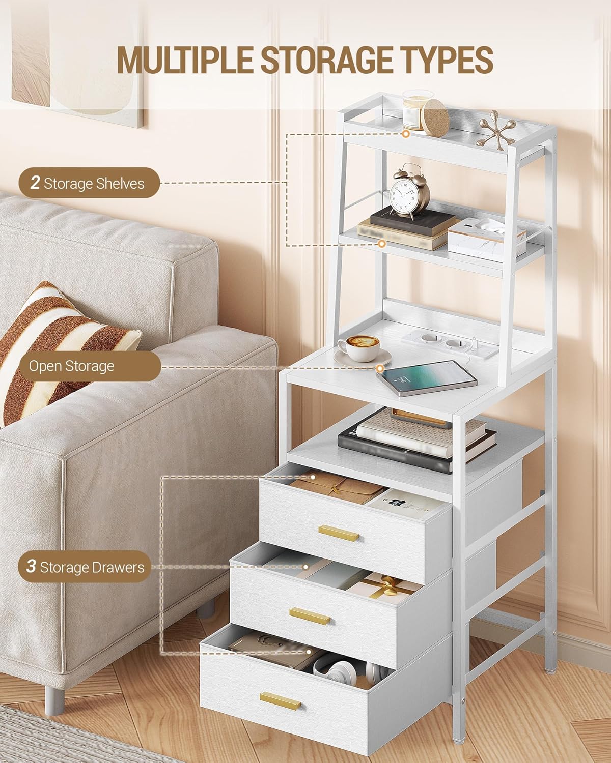 Hzuaneri Bedside Table Set of 2, Bedside Table with Charging Station and Metal Storage Shelf, 2 Sockets and 2 USB Ports, Side Table with 3 Fabric Drawers, For Bedroom, Living Room, White NS10613W