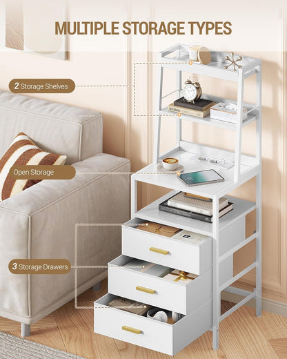 Hzuaneri Bedside Table Set of 2, Bedside Table with Charging Station and Metal Storage Shelf, 2 Sockets and 2 USB Ports, Side Table with 3 Fabric Drawers, For Bedroom, Living Room, White NS10613W