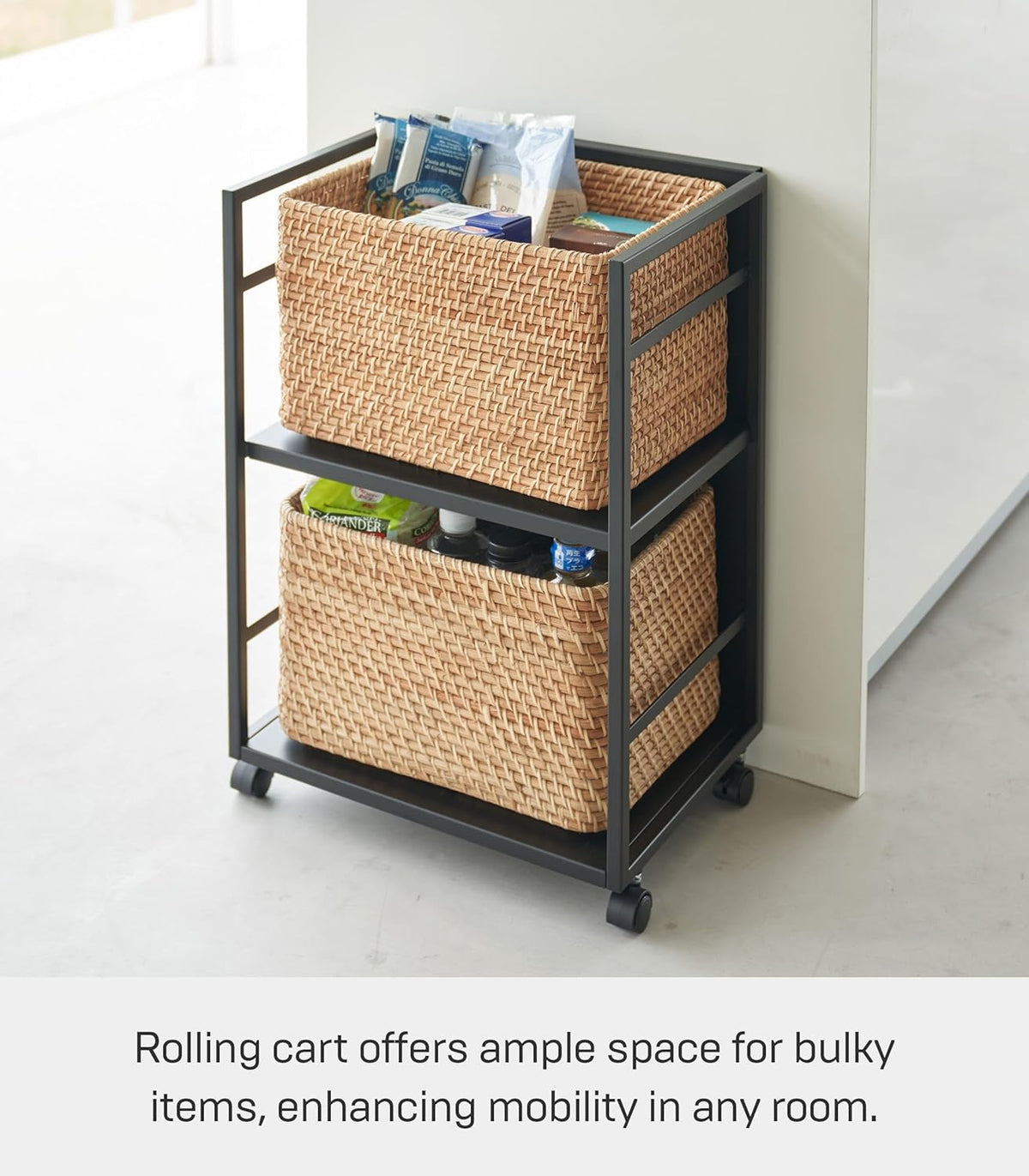 Yamazaki 4811 TOWER 2~Tiered Semi~Closed Storage Wagon, black, Steel/Nylon, 42 x 32 x 60 cm