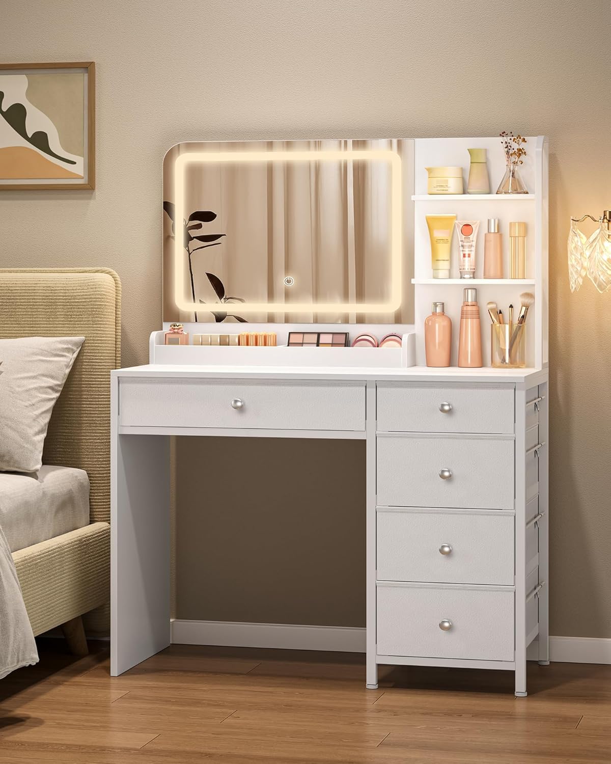 Hzuaneri Dressing Table with LED Lighting, Dressing Table A Large HD Mirror, 5 Drawers and 2 Storage Shelves, Ideal For A Bedroom Or Dressing Room, Modern White DT43903XEU