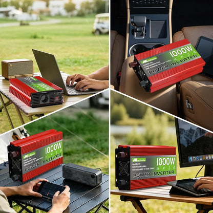 1000W inverter, 12V to 230V, with EU compatible sockets, USB ports and an LCD display, peak power 2000 watts for household appliances, campers, boa