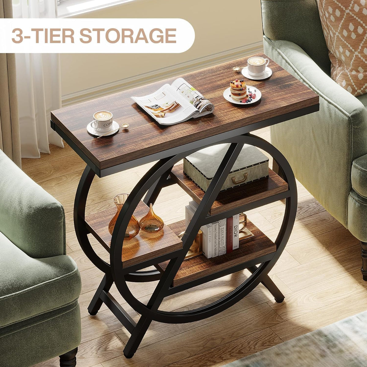 Tribesigns Narrow Wooden Table with 3 Levels, 65 x 30 cm, Coffee Table with Storage Space, Industrial Table for Living Room, Narrow Bedside Table for Bedroom