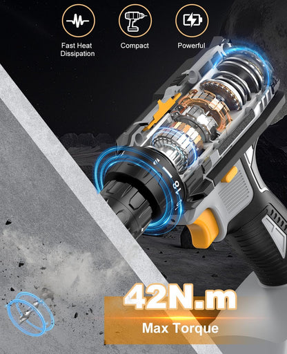 Accuschroevendraaier, 21 V accuschroefboormachine met 2,0 Ah accu, accuboor 10 mm boorhouder, 2 versnellingen, 18 + 1 draaimomentniveaus, 21-delige accessoireset, led-licht voor tuin, reparatie