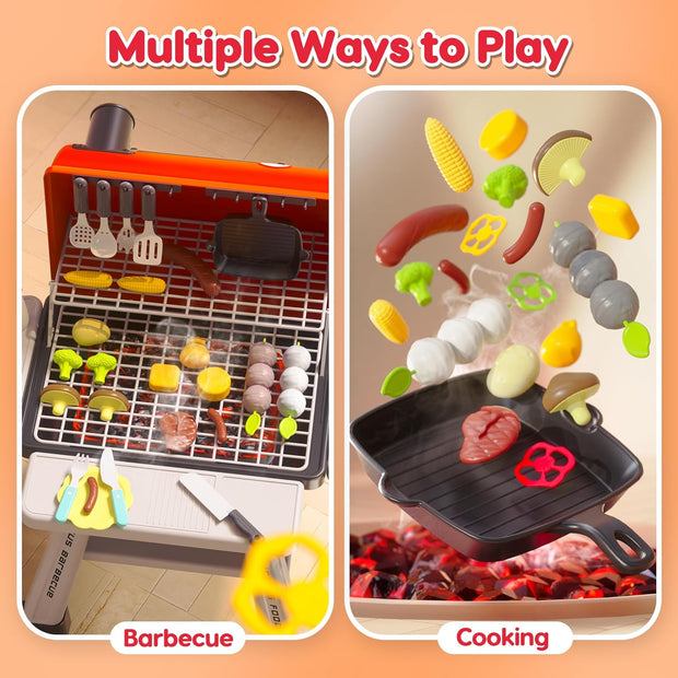 BBQ Speelgoed - Kinderbarbecue - Keuken Speelgoed - Realistische BBQ Grill - met Rook - Keukenaccessoires - Barbecue - voor Kinderen - 44 x 33.5 x 18.5 cm - Rood/Grijs