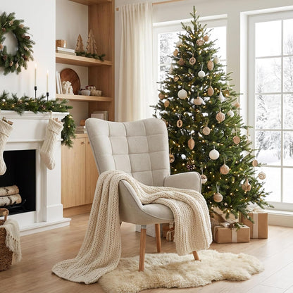 MEUBLE COSY Leunstoelen, scandinavische vrijetijds leunstoel, met stoffen bekleding, gewatteerde armleuningen en massief houten poten, voor woonkamer, slaapkamer, kantoor, vanity, beige, 66x53x106cm