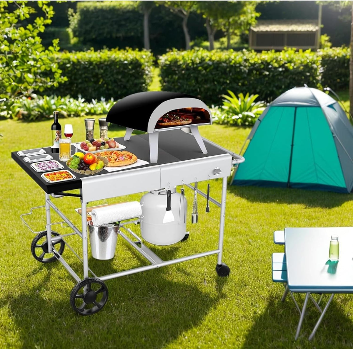GFTIME 128 x 64 x 78 cm grillwagen serveerwagen voor Weber Q-serie, Ninja Woodfire, pizzaoven, tafelgrill, grilltafel met groot werkblad, outdoor serveerwagen tuin trolley