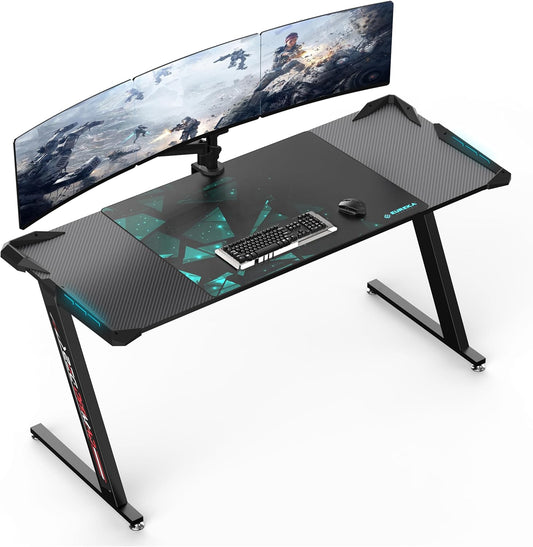 Eureka Ergonomic Gamingtafel, 153 × 60 cm, groot gamingbureau, tafel met ledverlichting, gamer, pc-tafel, desktop op koolstofvezel, gaming computertafel