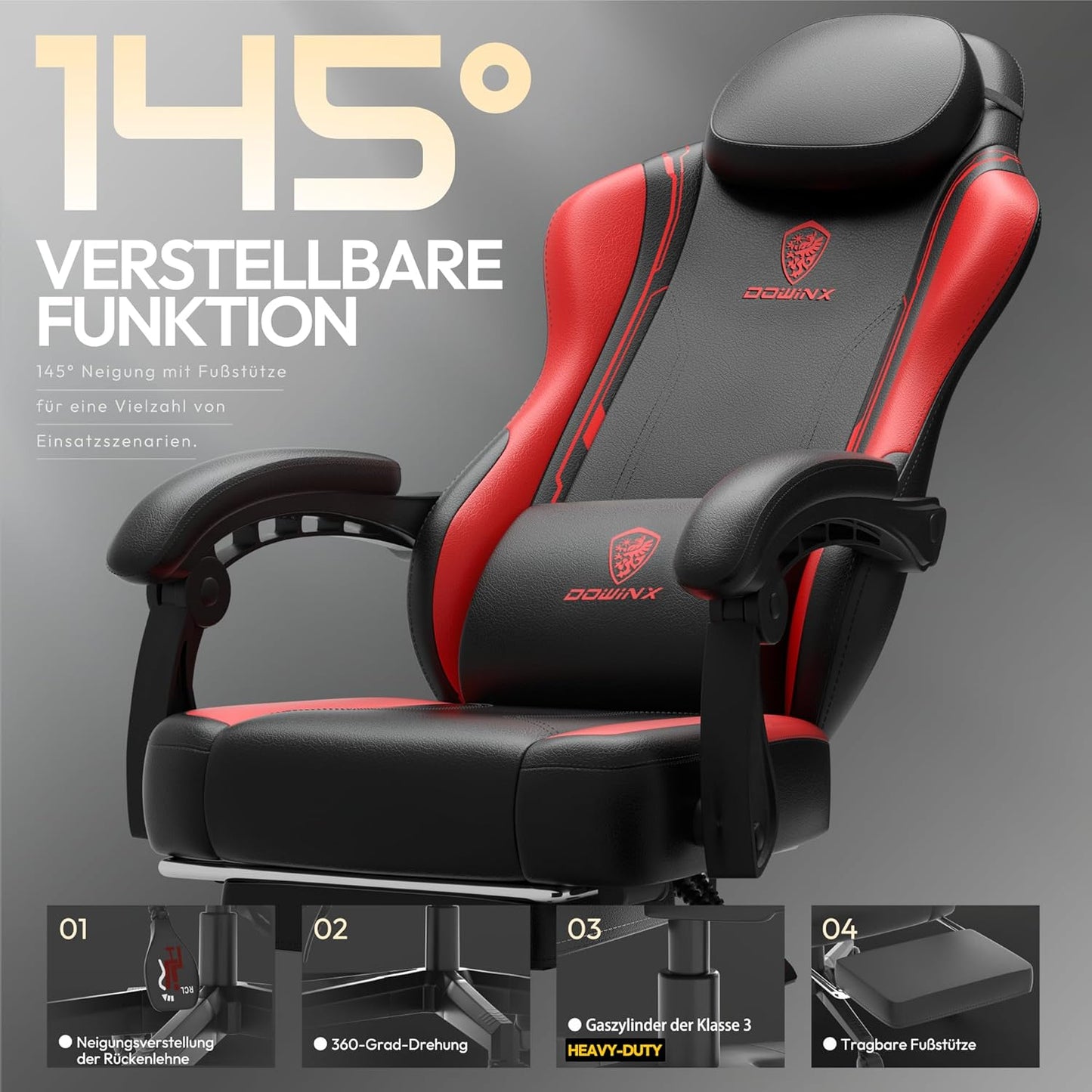 Dowinx Gaming Chair, Ergonomic PU Leather Gamer Chair with Lumbar Support, PC Chair with Widened Backrest, Maximum Load 150 kg, Red - QUORE