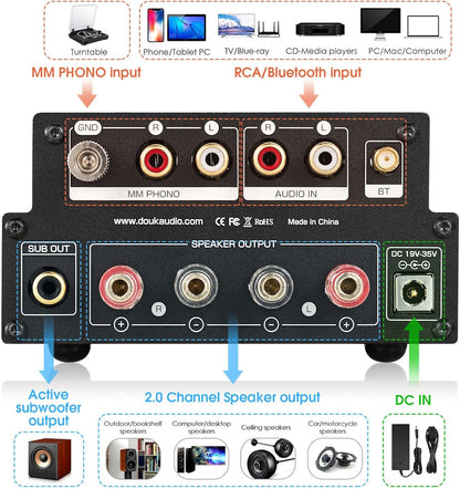 Douk Audio X1 buisversterker, HiFi Bluetooth 5.0 versterker, GE5654 klep stereo audioversterker, MM phonoversterker, 160Wx2 TDA7498E chip, treble & bas bedieningsknopf