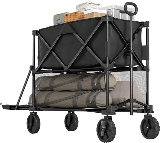 Outsunny Folding Garden Trolley 369.5 L Beach Trolley Two Levels Maximum Load Capacity 200 kg with Wheels for All Floors for Camping, Shopping, Garden, Outdoor, Black - QUORE