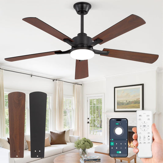 ZMISHIBO Plafondventilator met ledlicht, 132 cm, stille DC-motor, 6 snelheden, afstandsbediening en app, omkeerbare bladen, hout, zwart/walnoot, dimbaar 10-100%, geheugen, slaapkamer, woonkamer