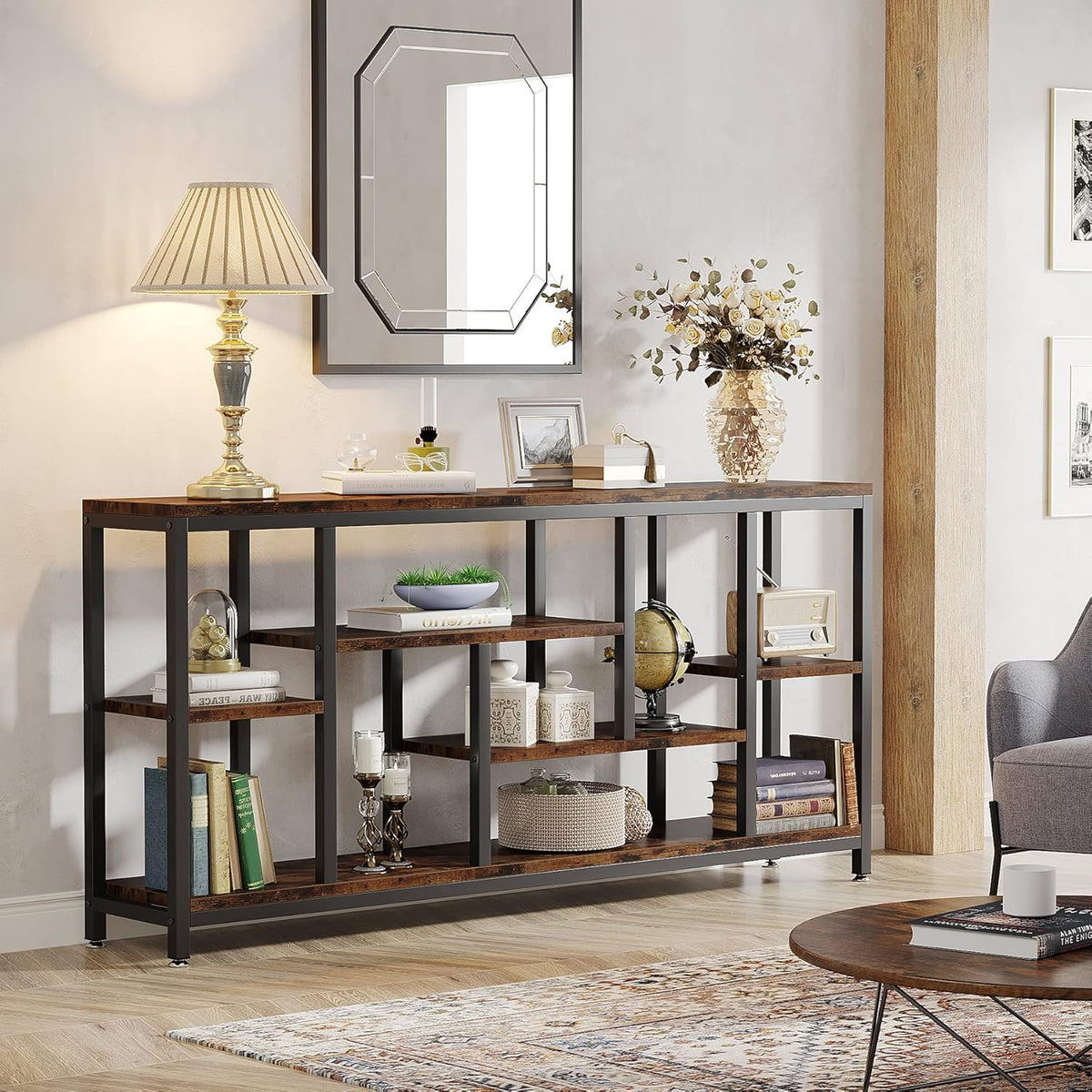 Tribesigns Console Sofa Table, 180cm Extra Long Table Behind Sofa with Storage Shelves, 3-Tier Industrial Narrow Entrance Hallway, Accent Table for Living Room, Rustic Brown