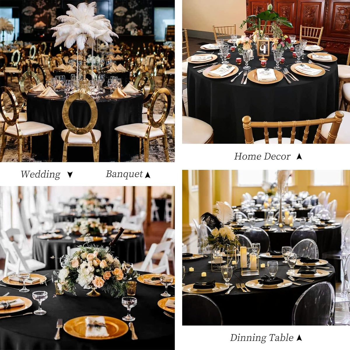 8 PCS Black Round Table Doek 305 cm/120 inch, zwart polyester wasbare polyester tafelbedekking voor bruiloftsfeestverjaardagsbanket