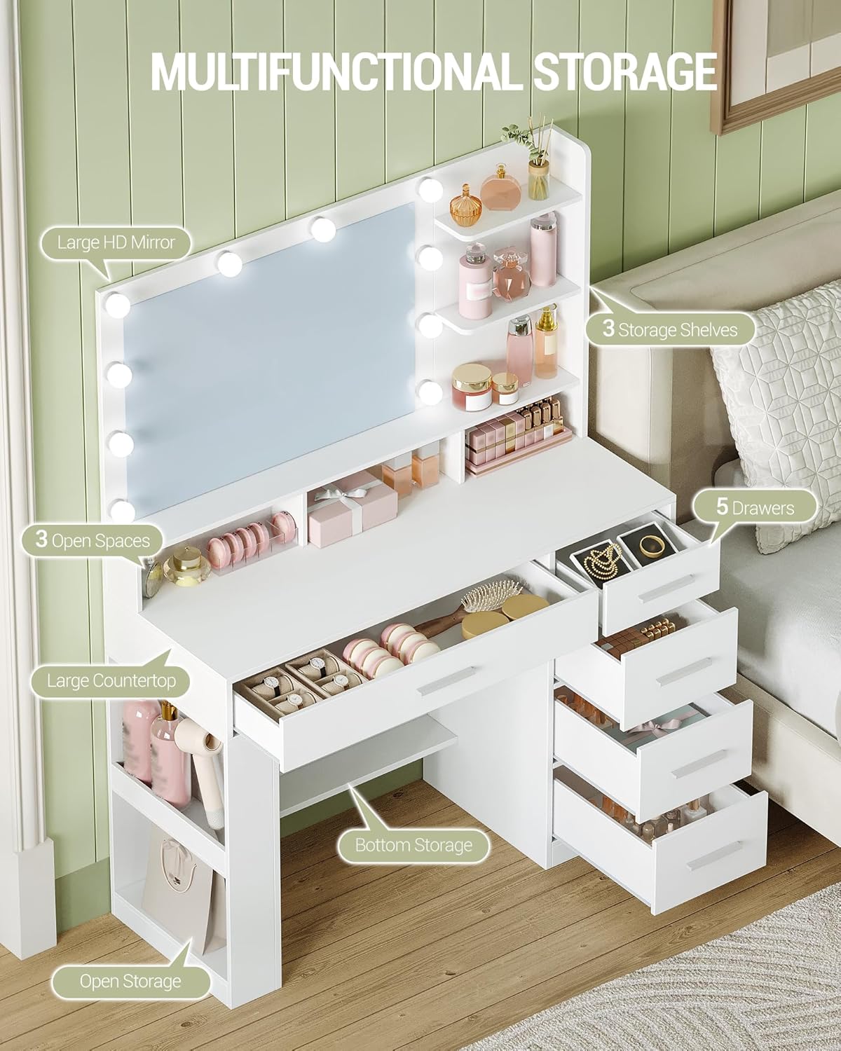 Hzuaneri Dressing Table with Large HD Mirror, Dressing Table with LED Light, 6 Open Compartments, 5 Drawers and Side Open Storage Space, Bedroom Dressing Room, Simple, White DT42603XEU