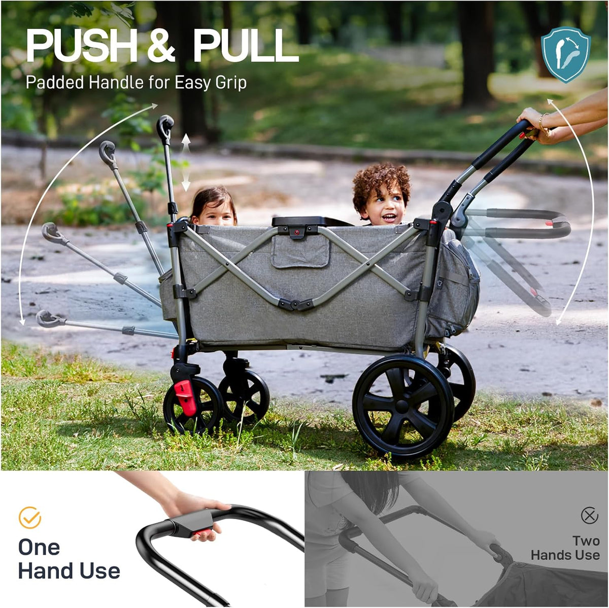 EVER ADVANCED Wagon voor kinderen om in te zitten, kinderwagenwagen voor 2 kinderen met afneembare luifel, trek mee met stoelen 5-punts harnassen, draagbare push-pull kar met verstelbare handgreep