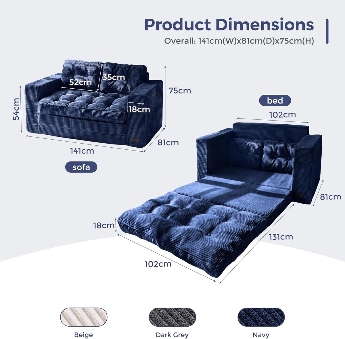 MAXYOYO Slaapbank, loveseat, omvormbaar met 2 kussens, 2-in-1 comfortabele corduroy bank, 2-zits, vloerligstoel, uitschuifbaar slaapgedeelte 101x196 cm, 15 cm dun schuim
