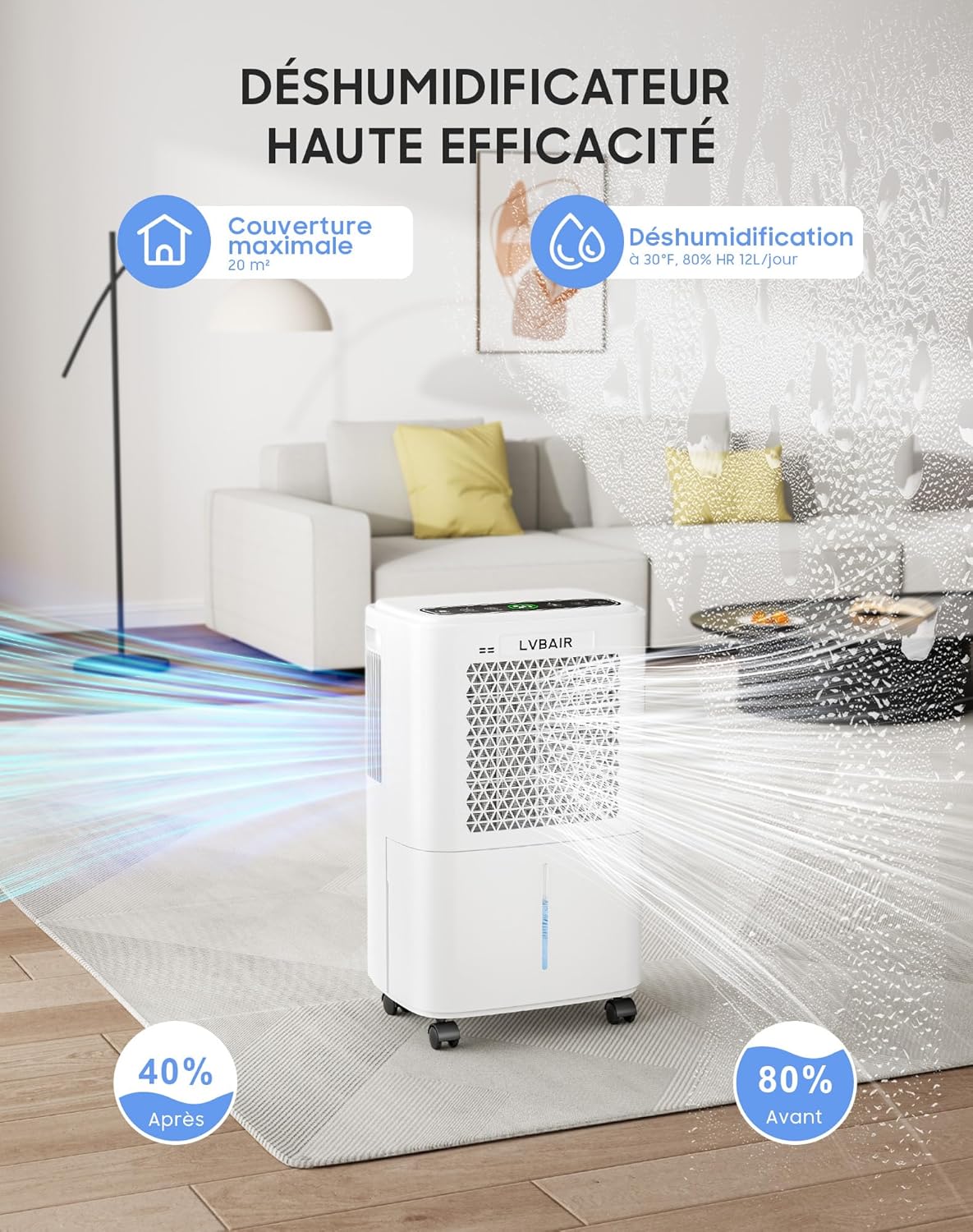 Luchtontvochtiger, 12 l/dag, krachtige elektrische luchtontvochtiger, energiebesparend, draagbaar, 3 modi en intelligente vochtcontrole, elektrische luchtontvochtiger