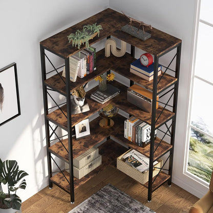 Tribesigns 5 Piece Corner Bookshelf, Large Modern Corner Book Shelf, 5 Tier Tall Corner Shelf, Metal Frame Storage Rack for Living Room, Home Office (Brown)