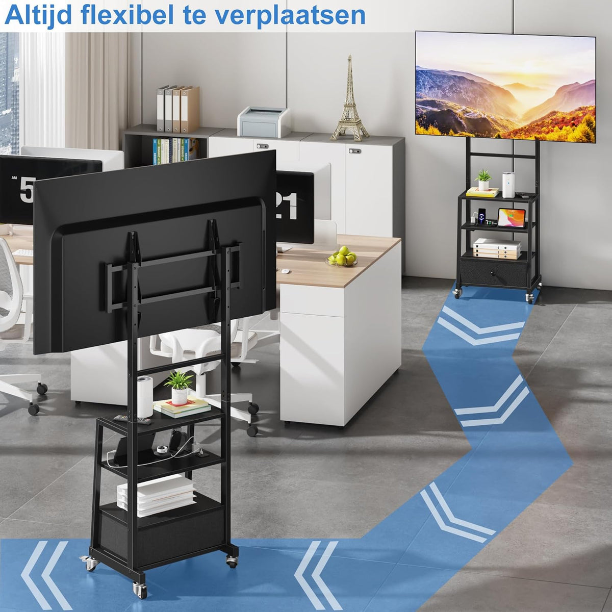 Verrijdbare TV Standaard Met Beugel En Stopcontact – TV Meubel – TV Trolley – TV Statief – TV Kar – In Hoogte Verstelbaar – Geschikt Voor 32–75 Inch TV's