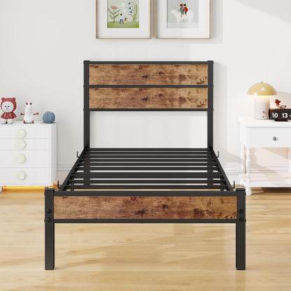 Eenpersoonsbed 90 x 200 cm met houten hoofdeinde, bedframe met lattenbodem van metaal, eenpersoonsbed, metalen bed, eenpersoonsbed, 90 x 200 cm met opbergruimte, robuust en stabiel, bruin