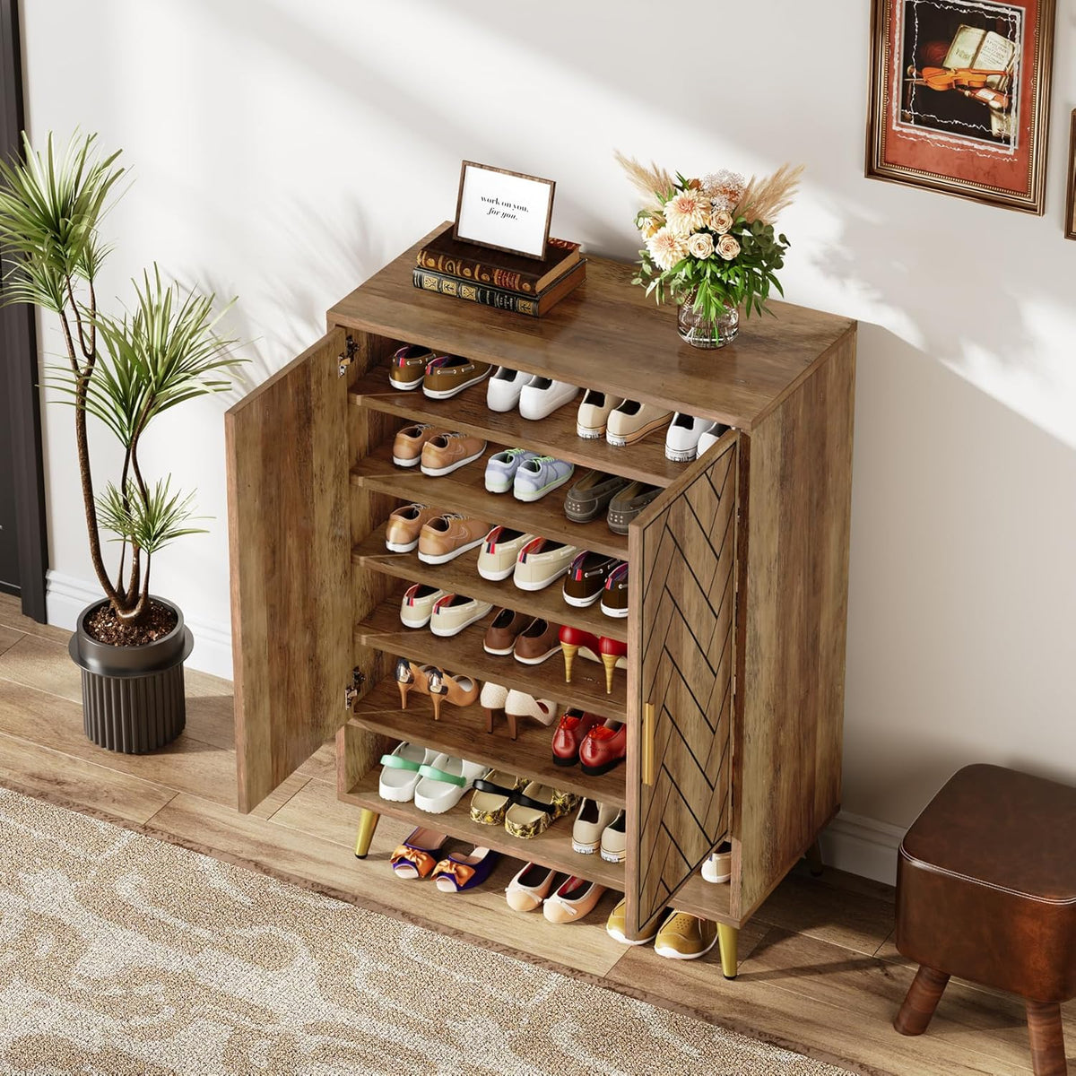 Tribesigns 6 Tier Shoe Cabinet with Doors, Wooden Shoe Storage Cabinet with Adjustable Shelves for Entrance, Hallway, Bedroom (Brown)