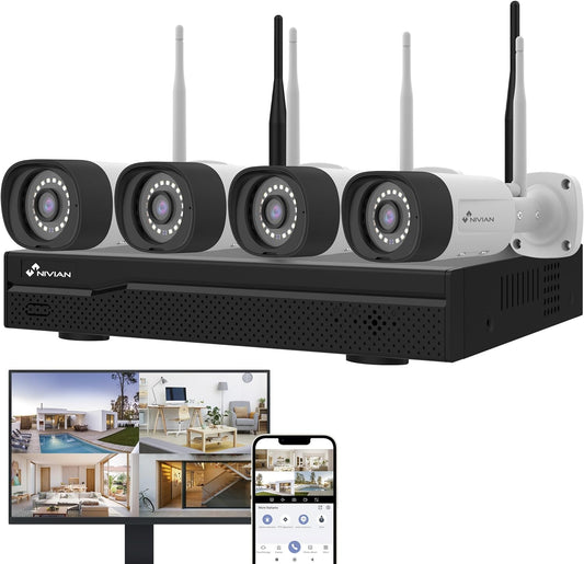 NIVIAN Professionele WLAN-bewakingscameraset, SuperHD met 4 IP-camera's en 10-kanaals recorder, voor thuis en op de winkel, nachtzicht, menselijke detectie IA, bidirectionele audio, eenvoudige