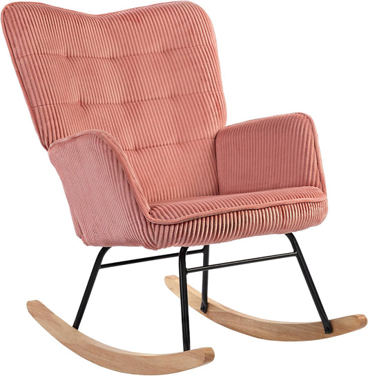 HOMCOM Rocking Chair with Corduroy Look Armrest Chair with Wooden Bases Relax Chair for Living Room Bedroom Pink - QUORE