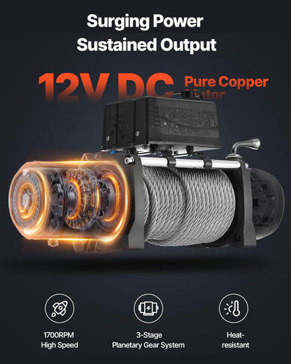 VEVOR Electric Winch 4500kg Capacity 12V DC Truck with Steel Cable Diameter 8.3mm x 19.8m Wireless Wired Remote Control IP55 for Towing SUV, Jeep, Trailer