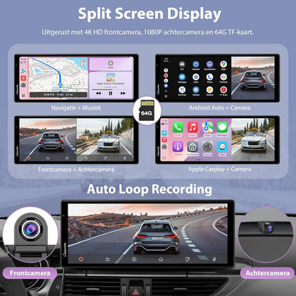 Draadloze CarPlay Android Auto – Auto Infotainmentsysteem – Touchscreen Navigatie – Handsfree Spraakbediening – Dashcam Systeem – 10,26 Inch HD IPS Scherm – 4K Voorcamera + 1080P Achtercamera