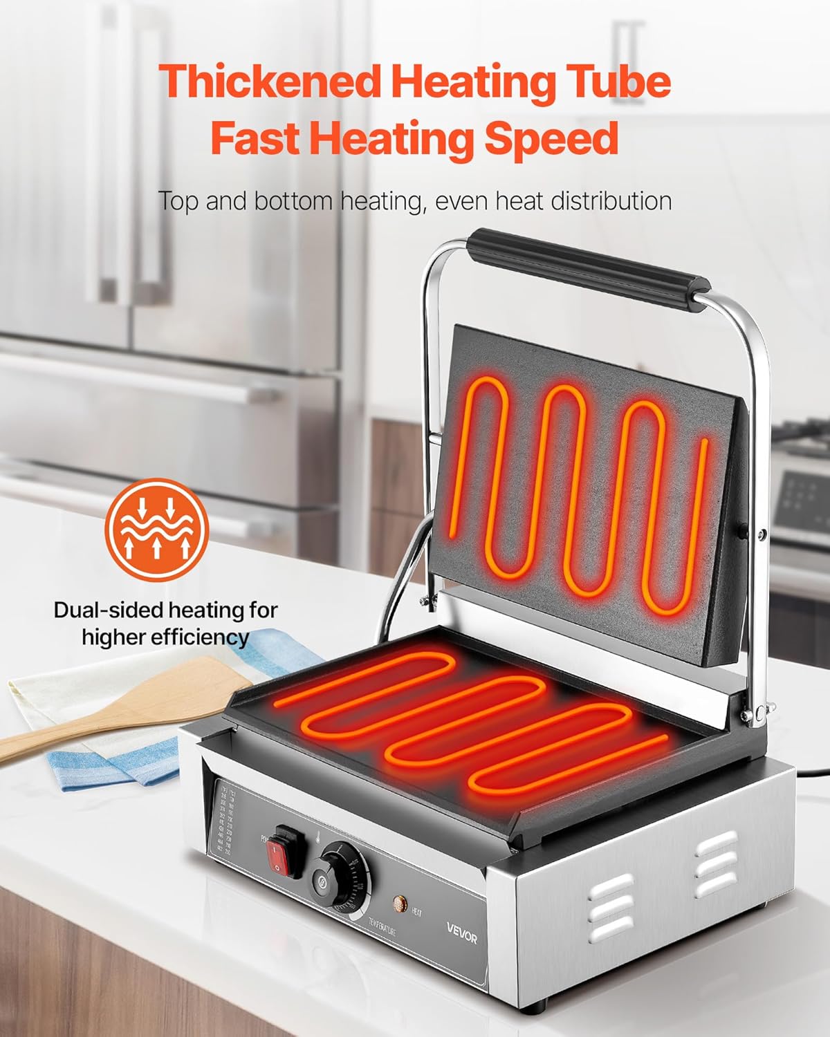VEVOR Panini-elektrische grill voor panini, 2200 W, platte geëmailleerde plaat, 34,2 x 23,5 cm, sandwich van roestvrij staal, handgreep met temperatuurregeling
