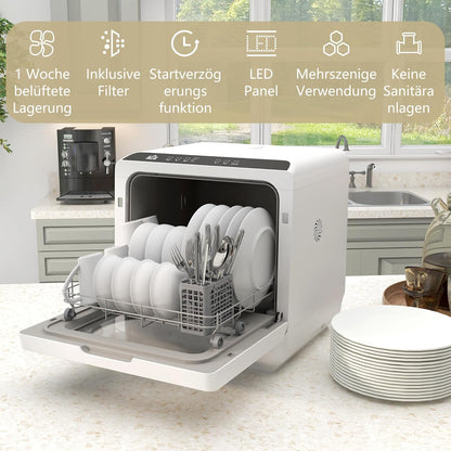 HOMCOM Tischgeschirrspüler mit/ohne Wasseranschluss benutzbar Mini Geschirrspüler mit Platz für 4 Maßgedecke, 6 Programmen, eingebautem 6-Liter-Wassertank, für Büro,Camping, Wohnmobil, Weiß
