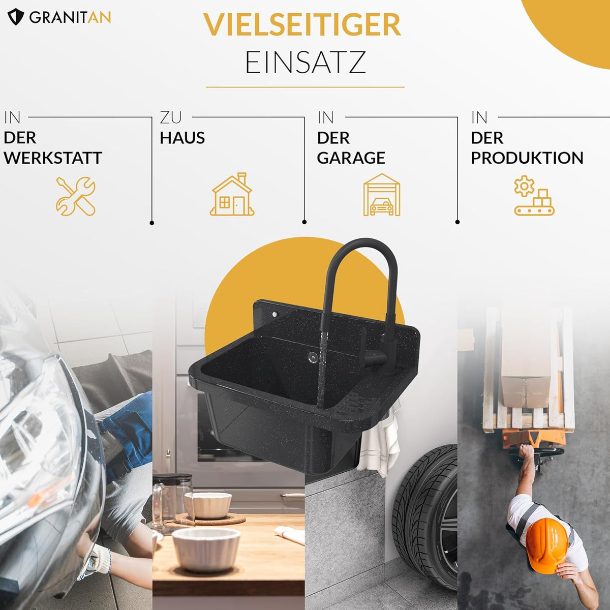 Granitan Gootsteen voor garage, kelder, werkplaats en waskeuken, universele wastafel met sifon, wastafel, wandmontage, 50 x 34 x 31 cm (zwart + wastafelarmatuur FLEX)