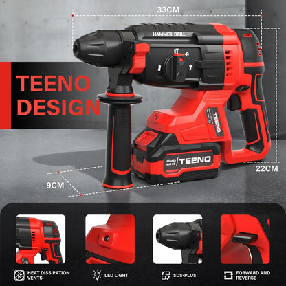 <font dir="auto" style="vertical-align: inherit;"><font dir="auto" style="vertical-align: inherit;">        TEENO Akku Bohrhammer 20V Bürstenloser Motor, 2.6J, 1500RPM & 4850BPM, SDS-Plus, 2×4.0Ah Akku & Schnelladegerät, 3 Funktionen, Anti-Vibration, LED,