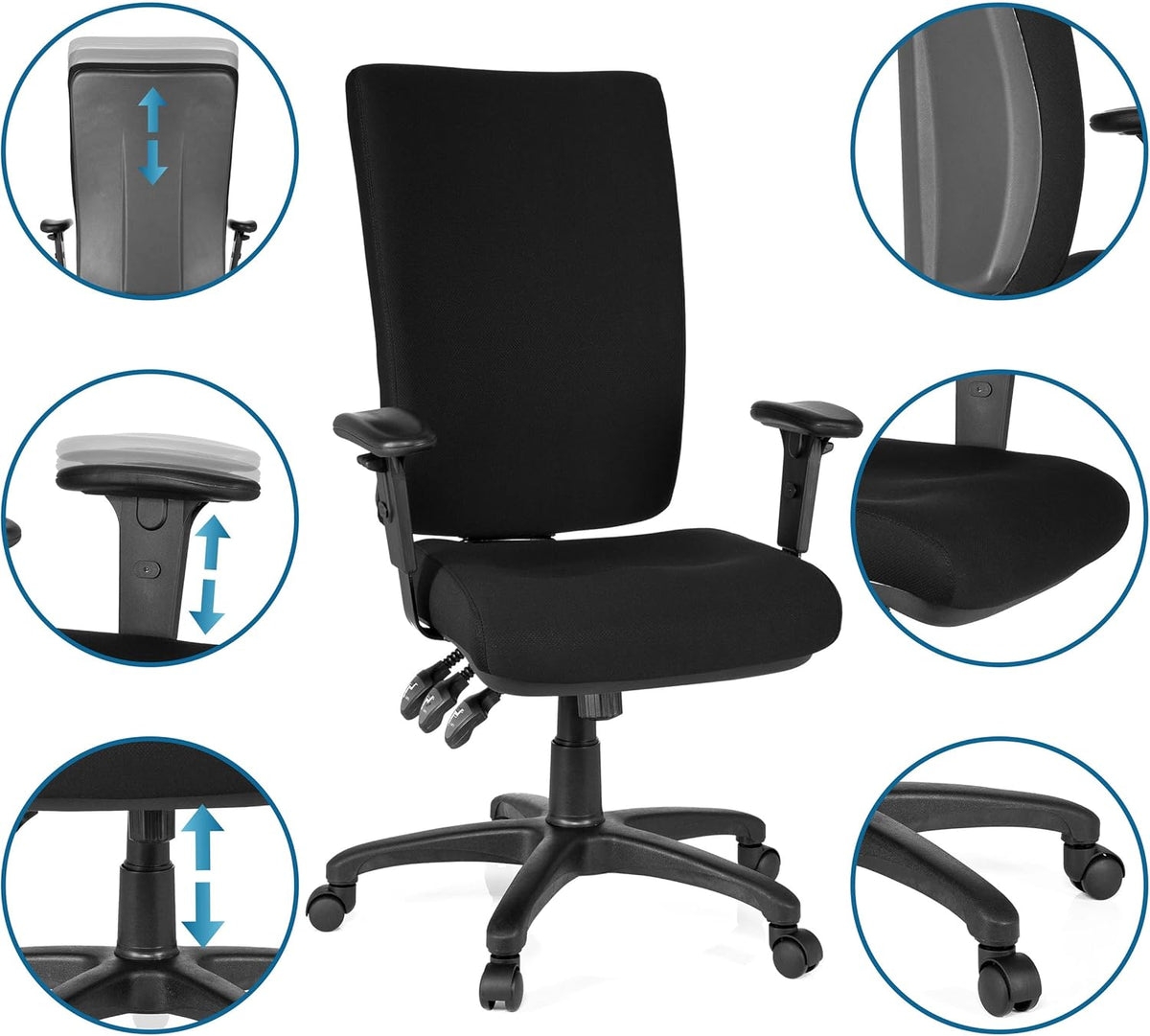 hjh OFFICE 702100 bureaustoel draaistoel Zenit High stof zwart, extreem dikke vaste bekleding, zeer goede verstelmogelijkheden, in hoogte verstelbare armleuningen, ergonomische bureaustoel