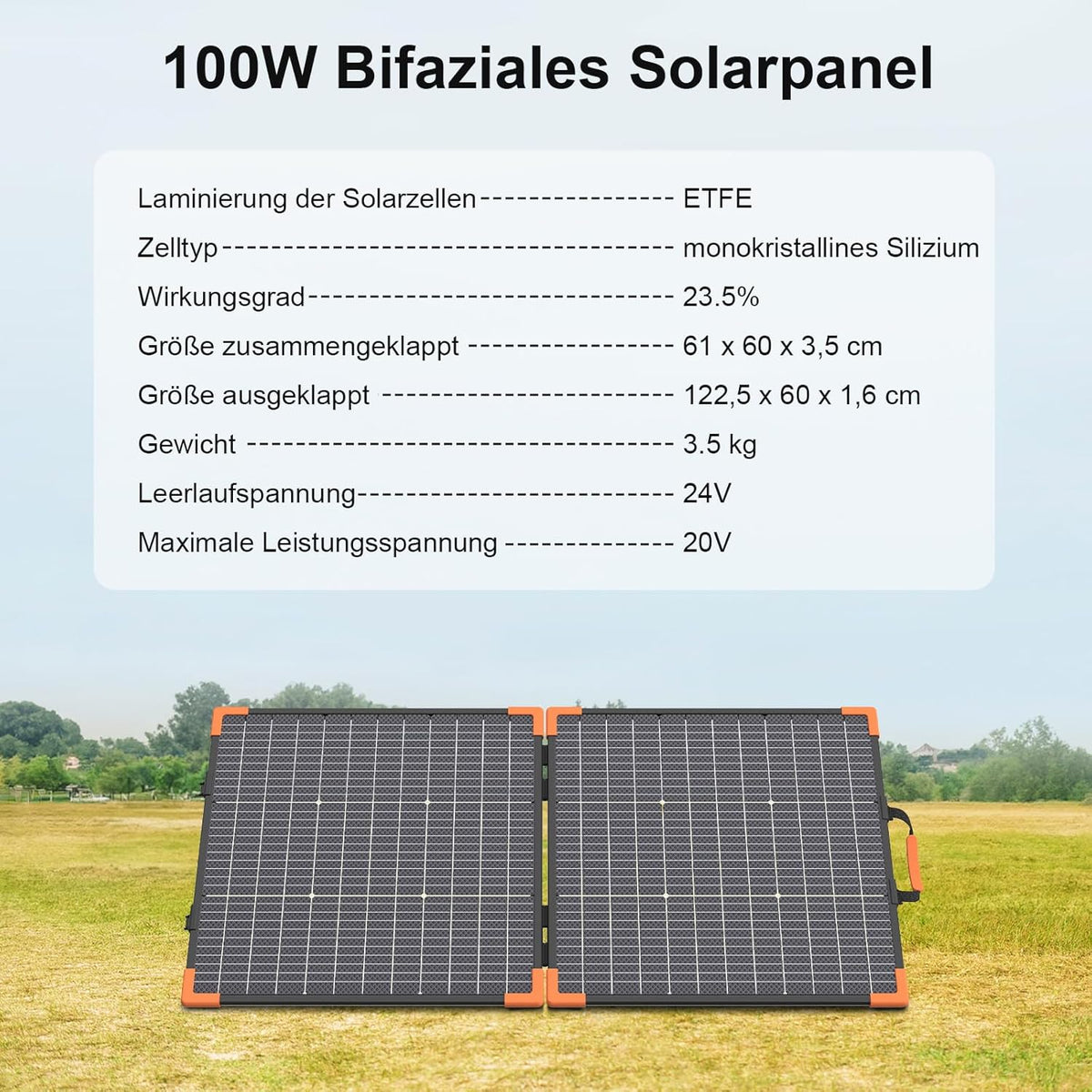 Bifaciaal draagbaar zonnepaneel van 100 W, voor krachtcentrales, 20 V, opvouwbare zonne-oplader met IP68-waterdichtheid, 23,5% hoog rendement met 2 versterkte steunen, voor kamperen en campers